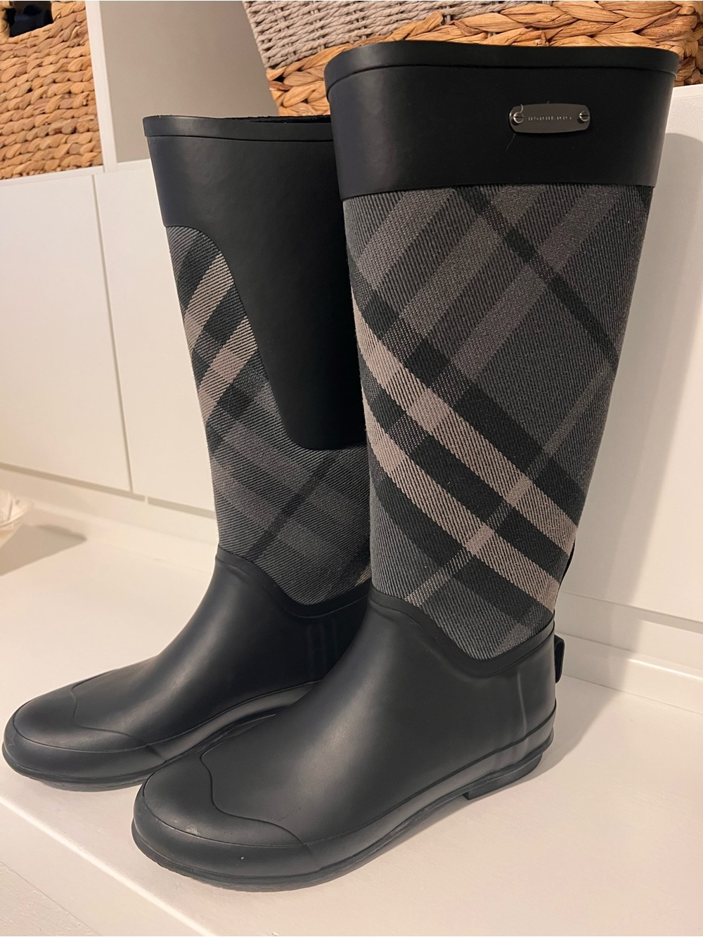 RARE Burberry Clemence Bi-Material Black & Gray Plaid Tall Rain Boots